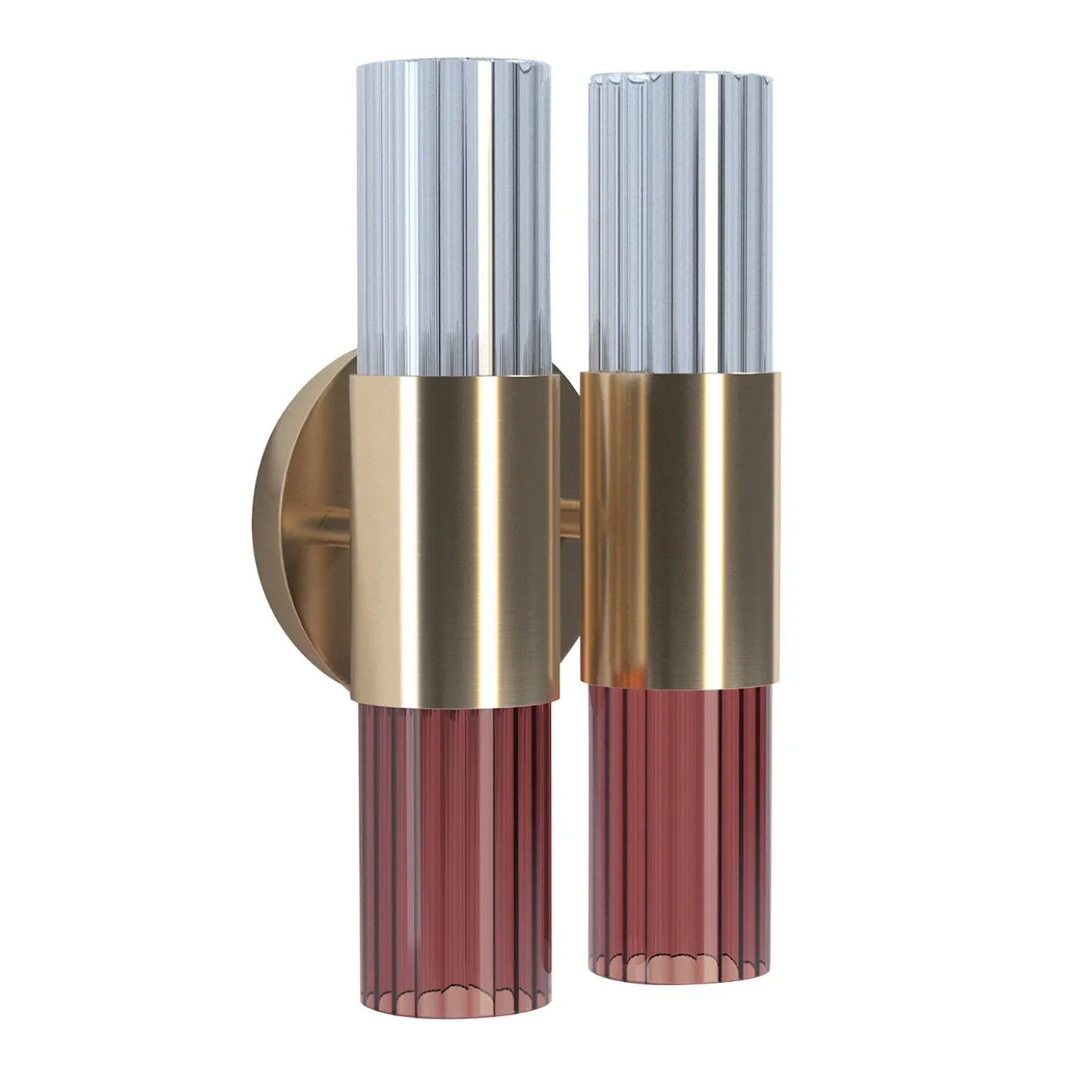 Applique Doppia Sbàrlusc Mini in Vetro Rosso e Ottone Champagne di Isacco Brioschi