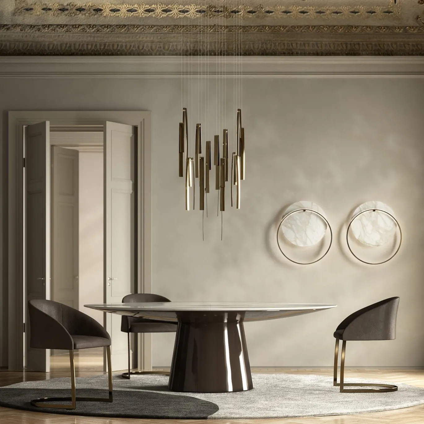 Applique Myring in ottone finitura oro e disco in marmo bianco