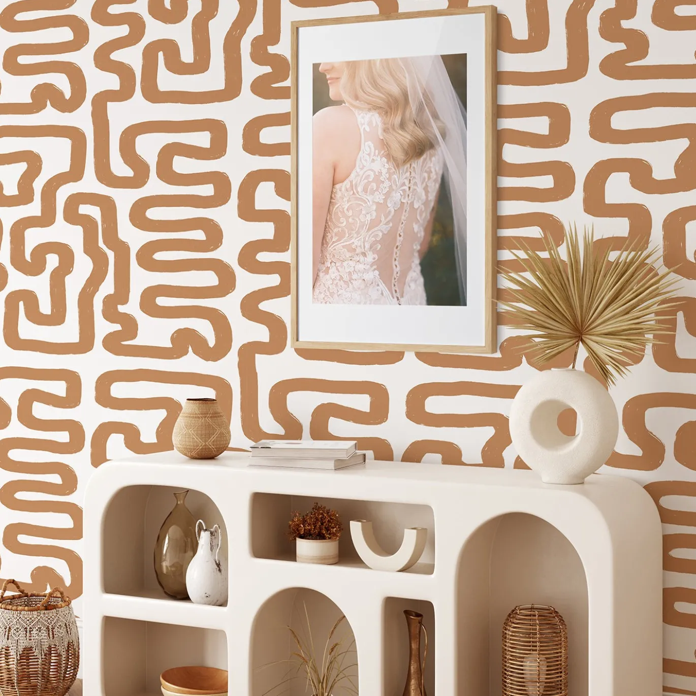 Carta da Parati Boho a Labirinto in Toni Nocciola e Bianco