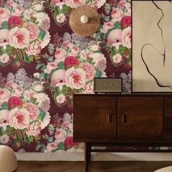 Carta da Parati Botanica Drammatica con Fiori di Peonia per Decorazioni