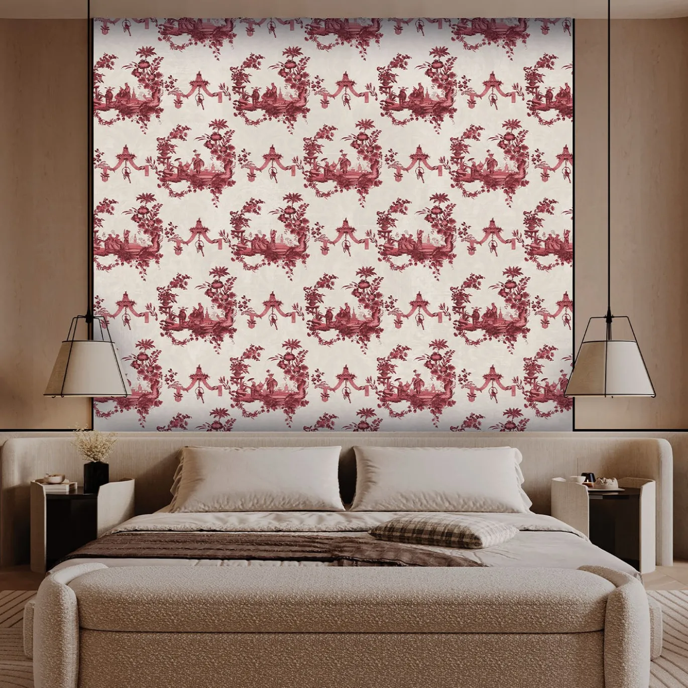Carta da parati Chinese Toile rossa e beige