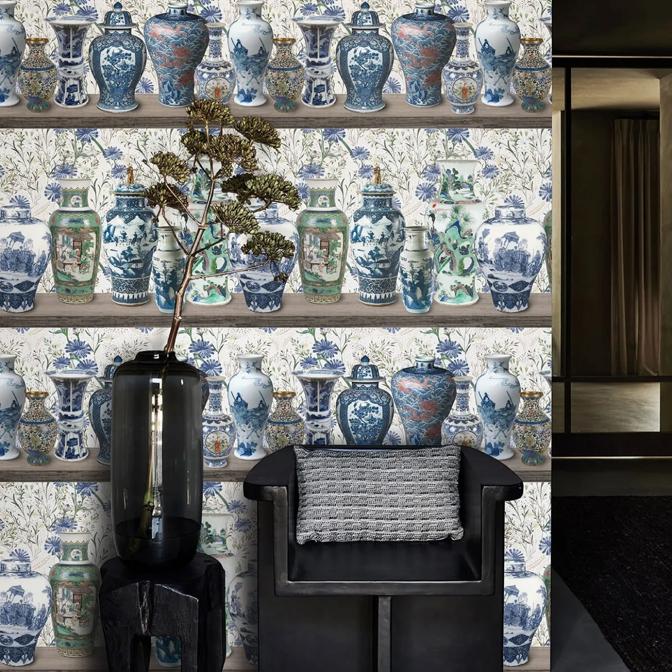 Carta da Parati Chinoiserie con Vasi Ming