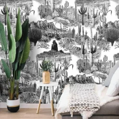 Carta da Parati con Cactus in Bianco e Nero