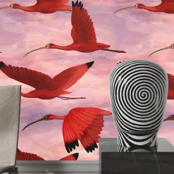 Carta da Parati con Uccello Ibis Scarlatto al Tramonto