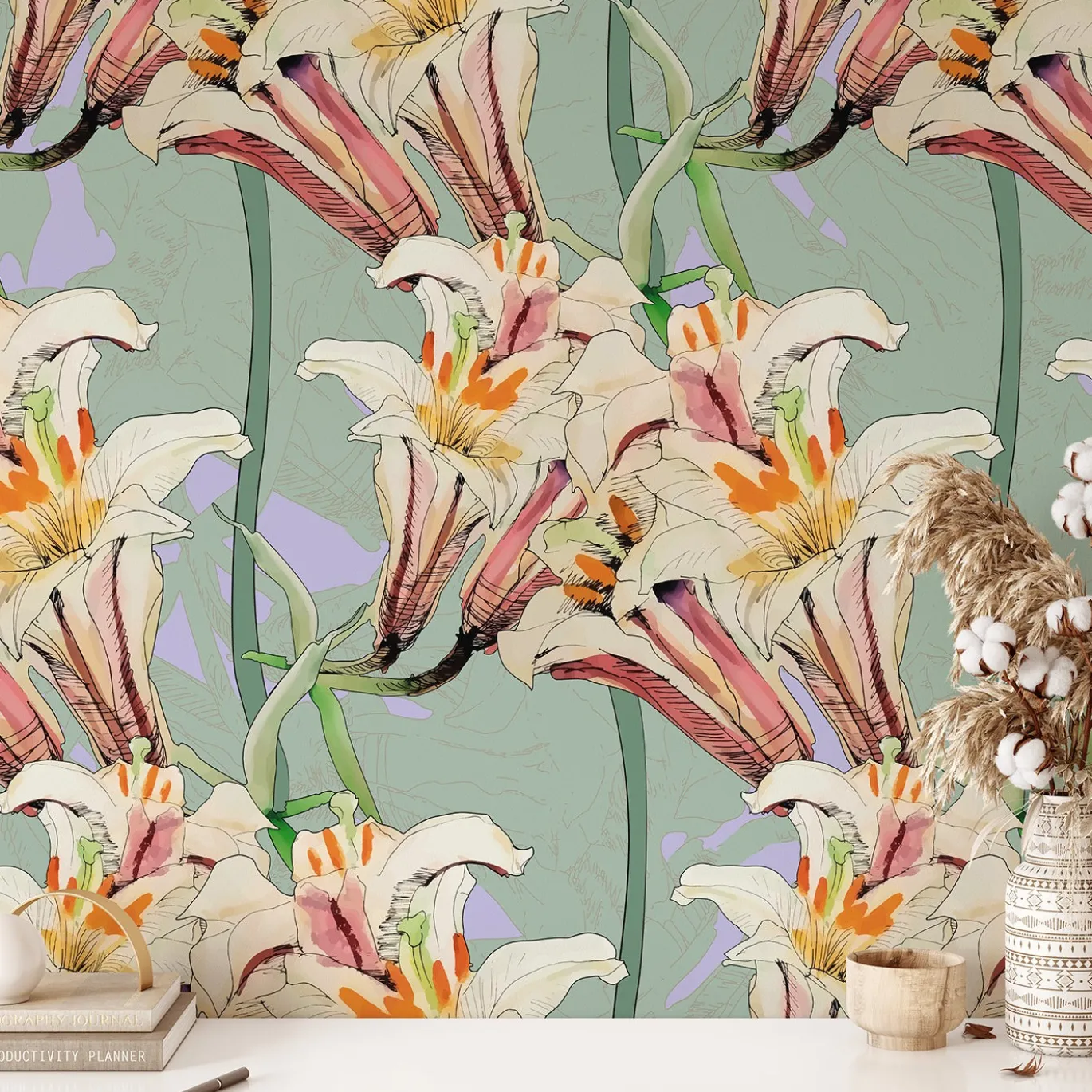 Carta da Parati Floreale in Stile Art Nouveau con Gigli Rosa