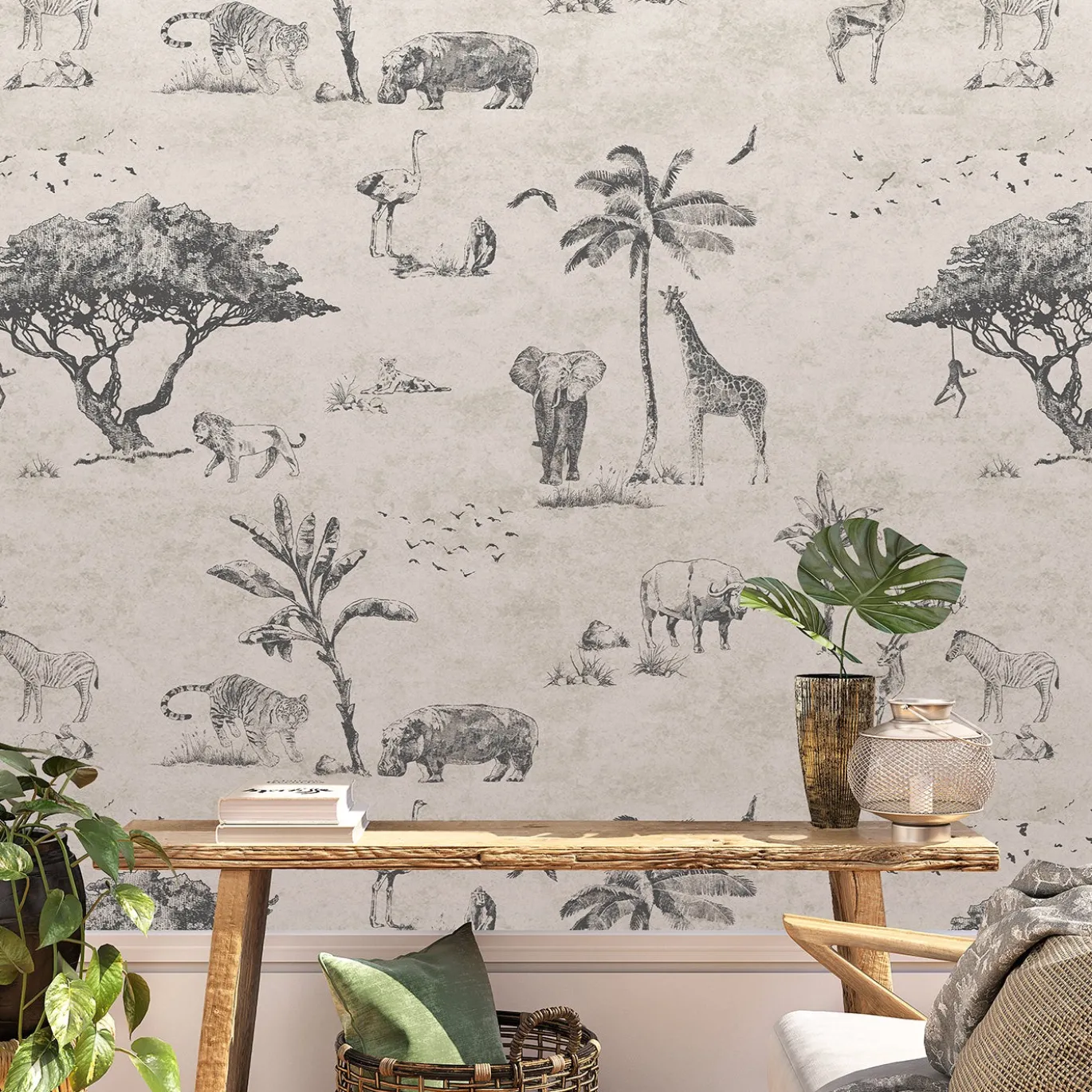 Carta da Parati Safari Beige con Animali Selvatici