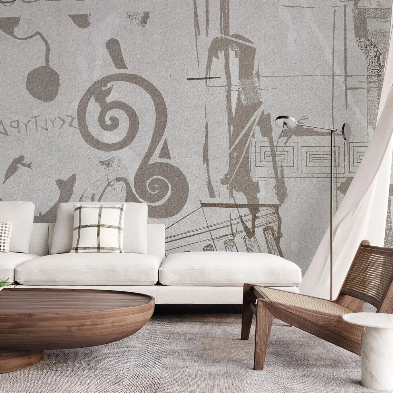 Carta da parati testurizzata con decorazione greca beige