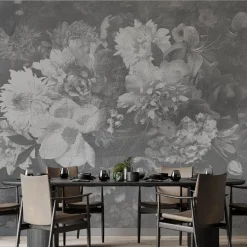Carta da parati testurizzata con fiori in fiore in bianco e nero