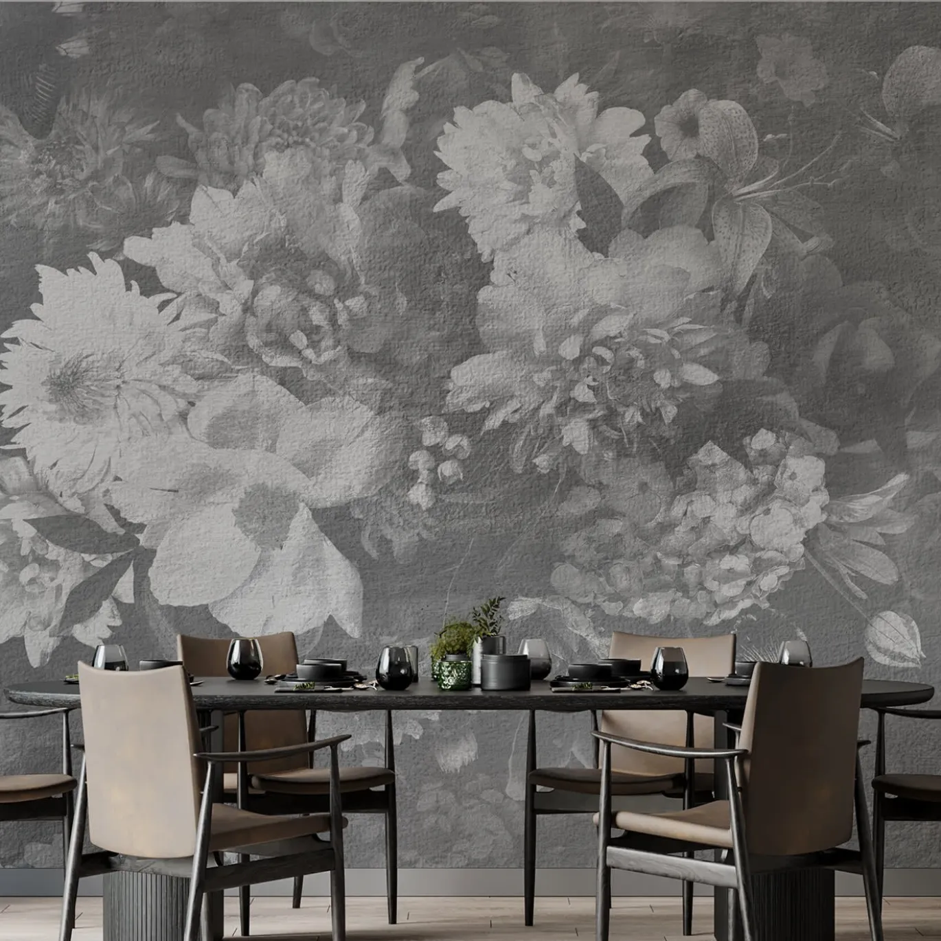 Carta da parati testurizzata con fiori in fiore in bianco e nero