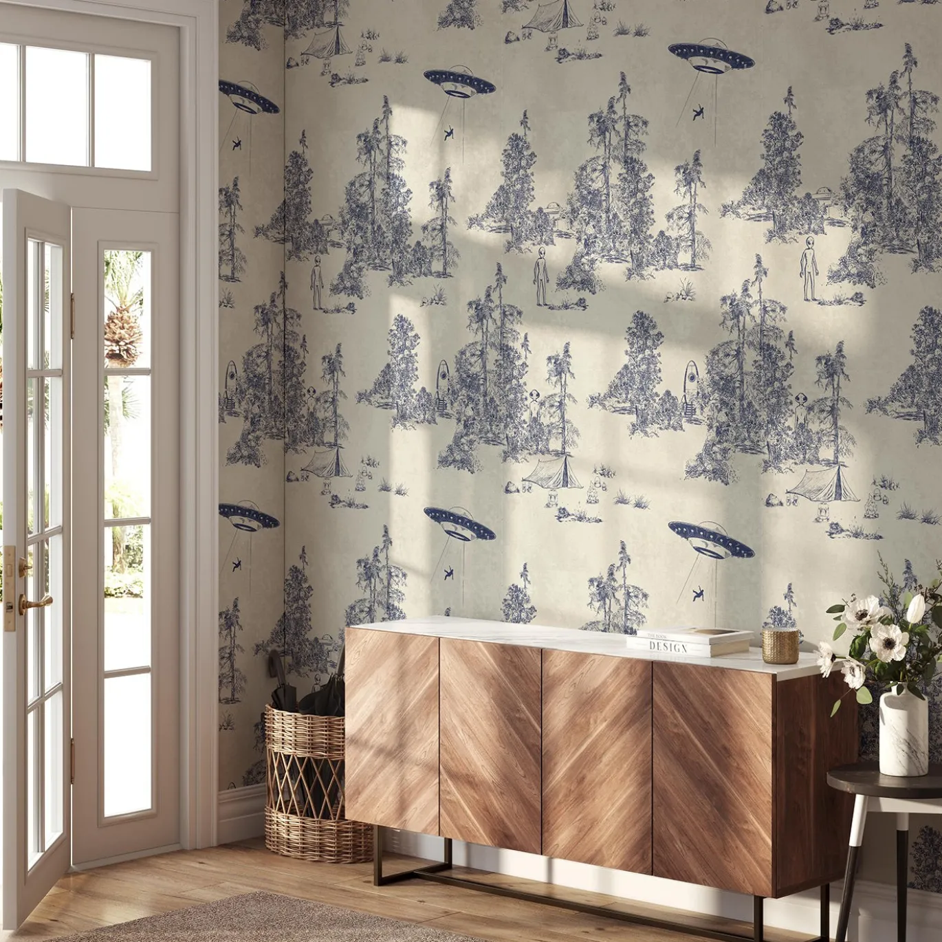Carta da Parati Toile de Jouy Blu con Alien Abduction