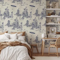 Carta da Parati Toile de Jouy Blu con Alien Abduction