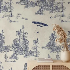 Carta da Parati Toile de Jouy Blu con Alien Abduction