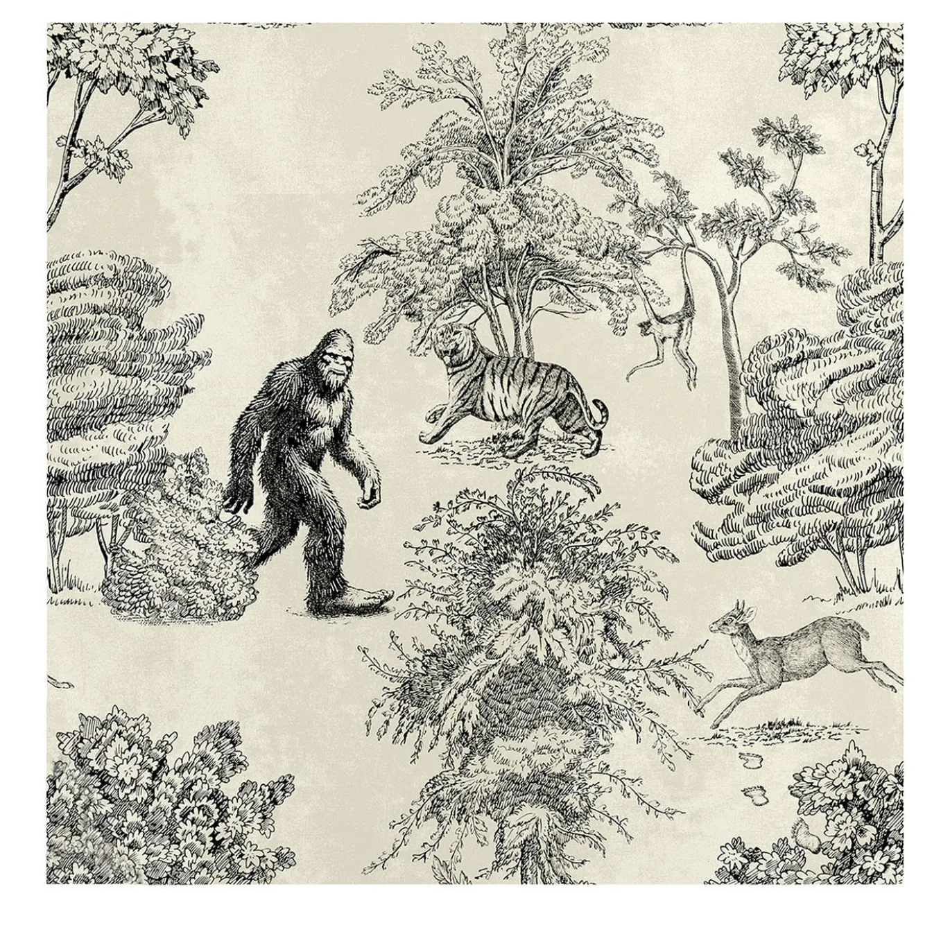 Carta da Parati Toile de Jouy in Toni Seppia con Bigfoot Mistico