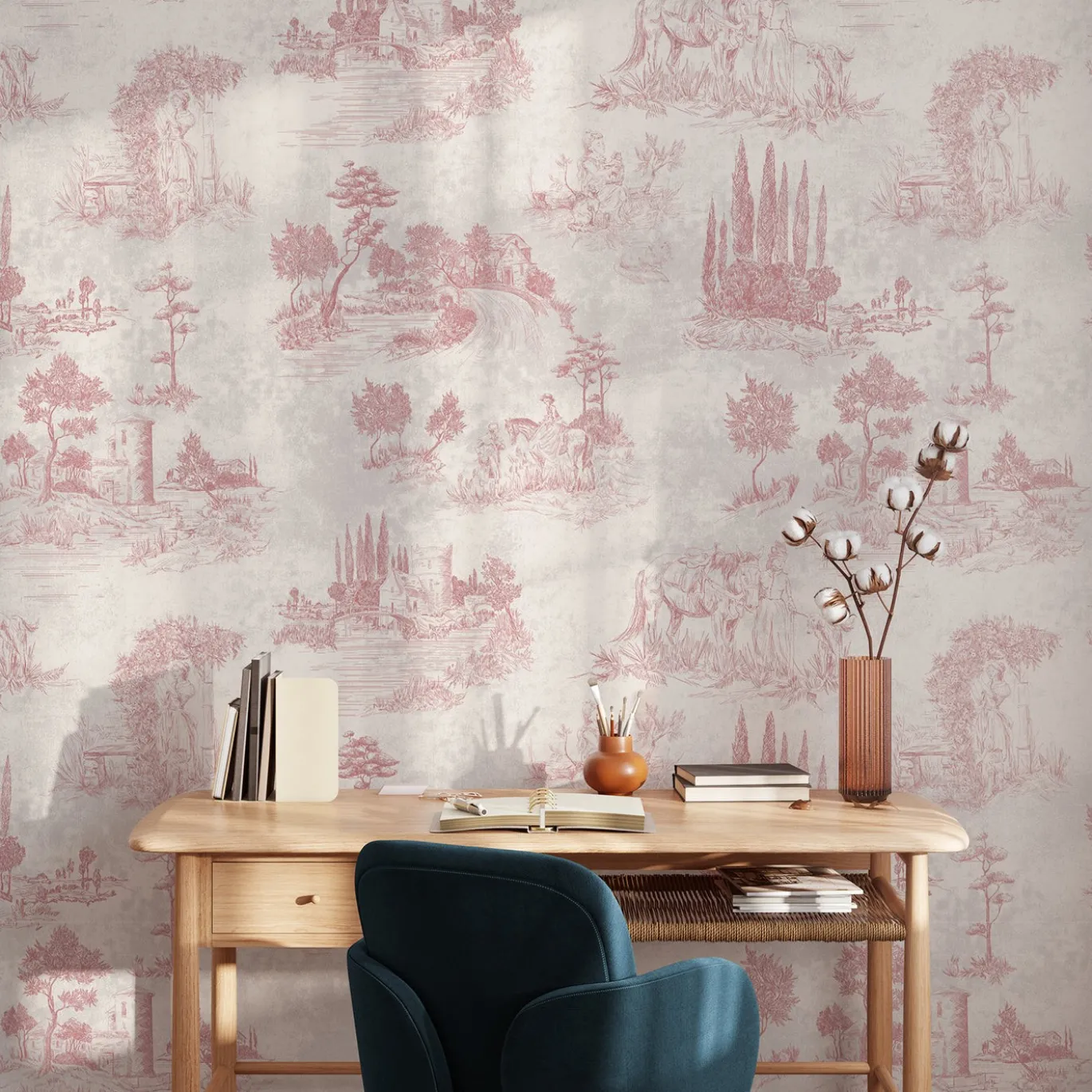 Carta da Parati Toile Vintage Francese Rosa