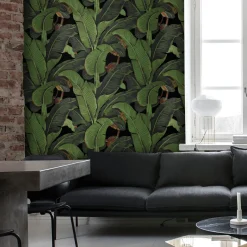 Carta da Parati Tropicale Nera e Verde con Foglie di Banano