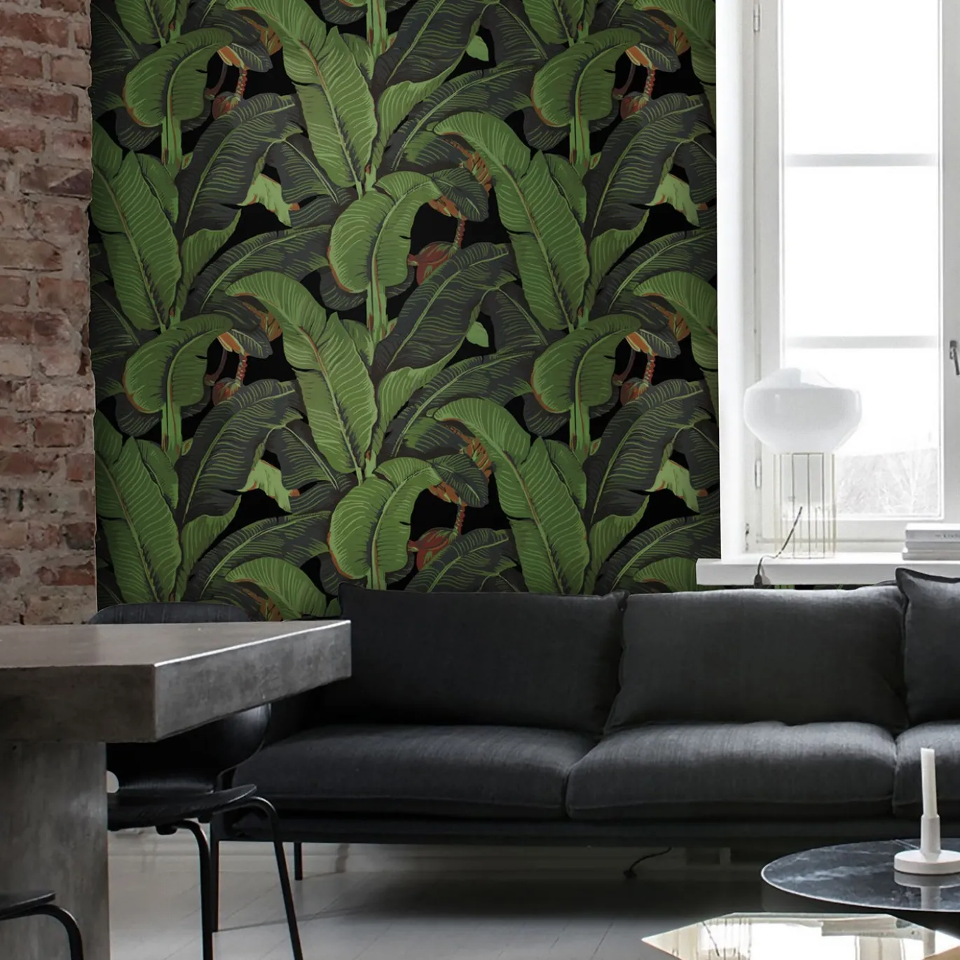 Carta da Parati Tropicale Nera e Verde con Foglie di Banano