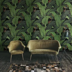 Carta da Parati Tropicale Nera e Verde con Foglie di Banano