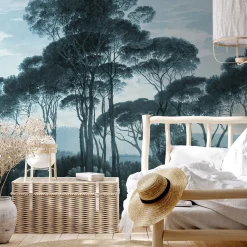 Carta da Parati Vintage con Alberi Blu