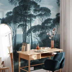 Carta da Parati Vintage con Alberi Blu
