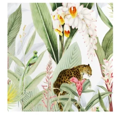 Carta da parati vintage Foresta tropicale con giaguari e pappagalli