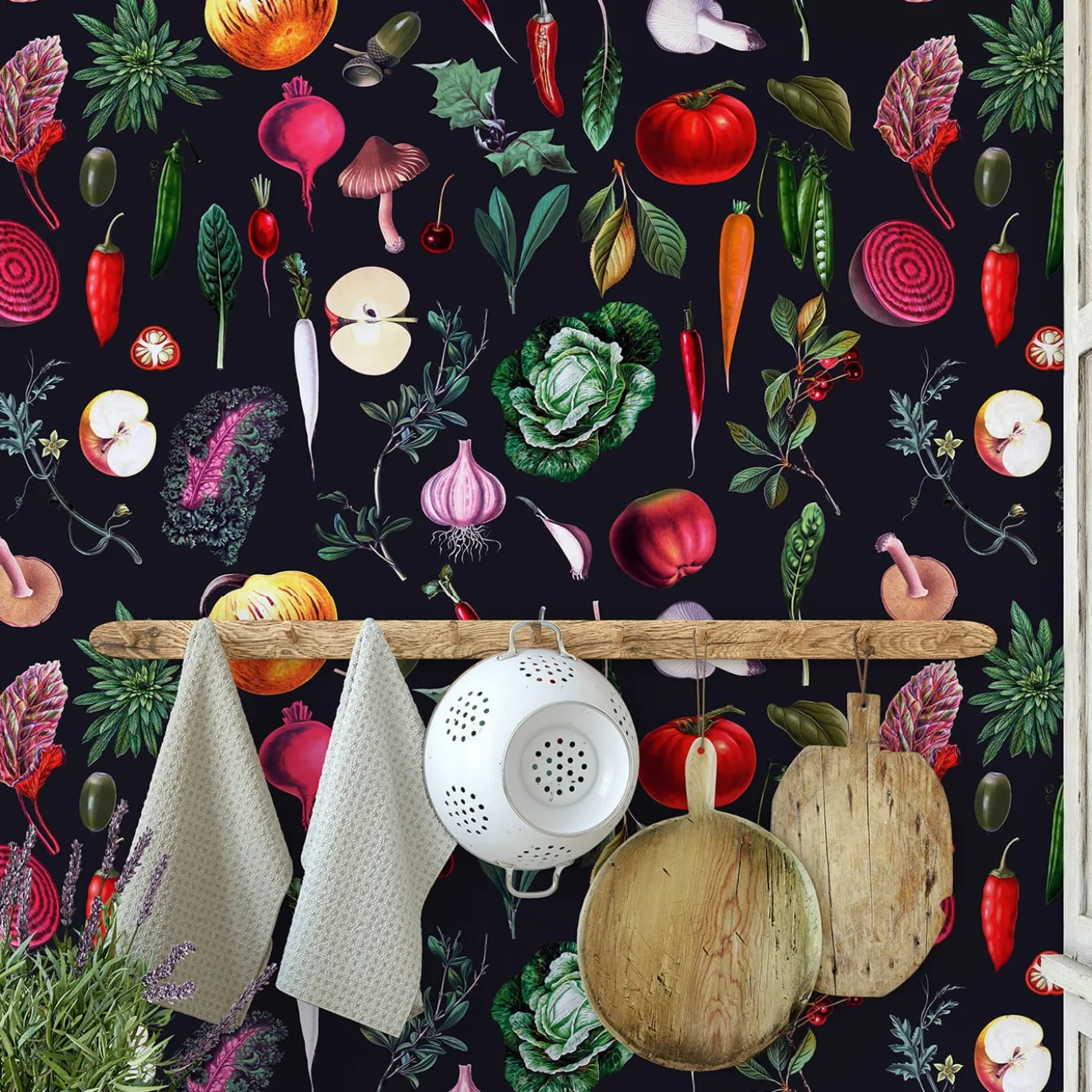 Carta da Parati Vintage Nera con Verdure per Cucina