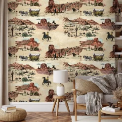 Carta da Parati Vintage Western con Cowboy e Cavalli