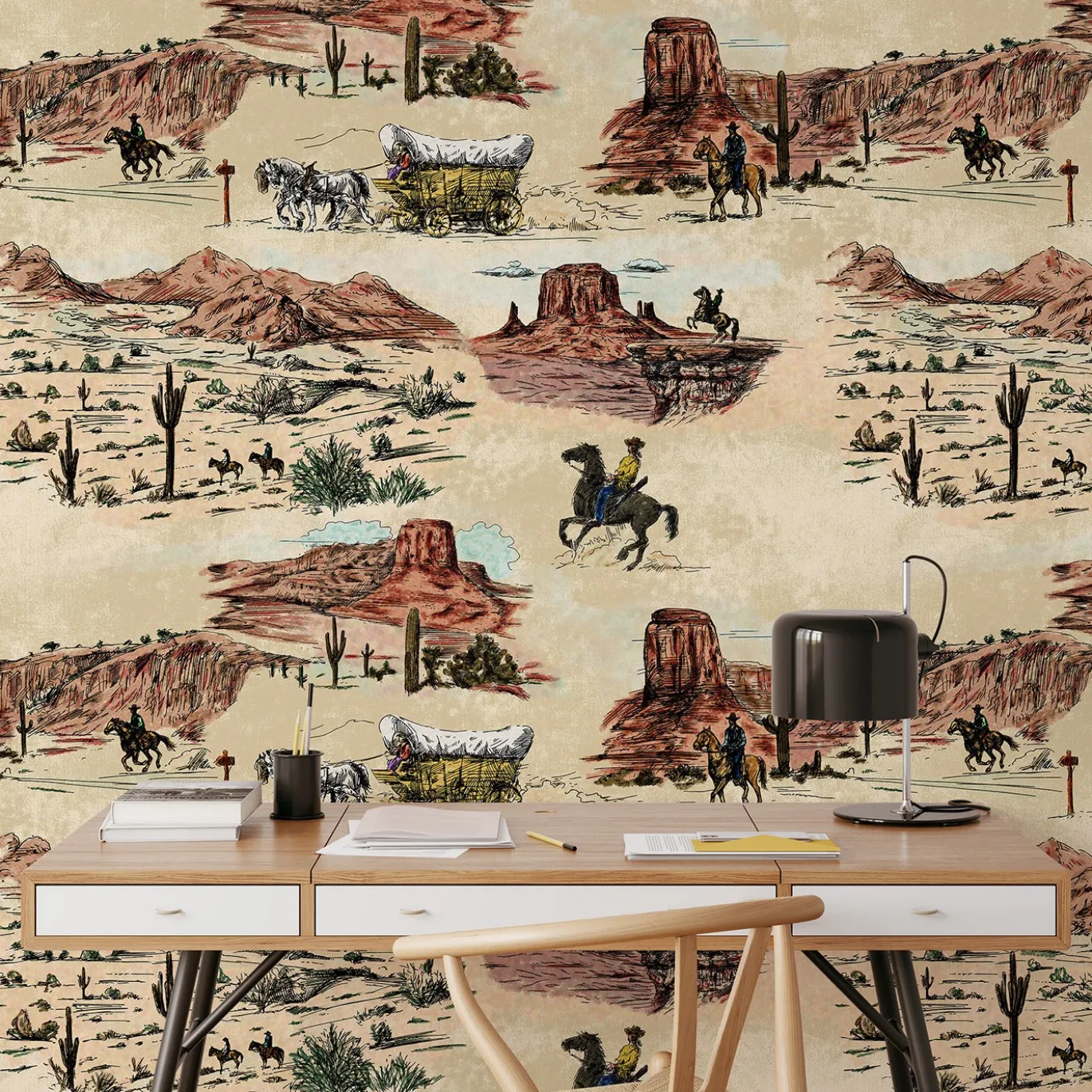 Carta da Parati Vintage Western con Cowboy e Cavalli