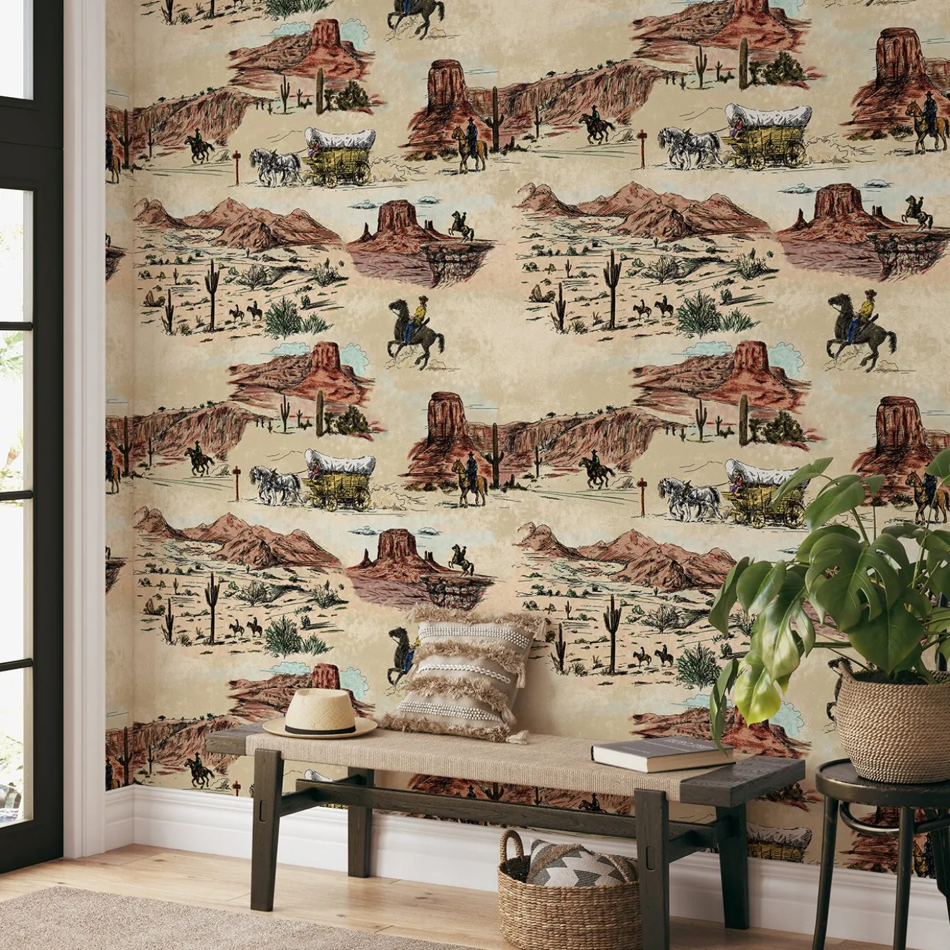 Carta da Parati Vintage Western con Cowboy e Cavalli