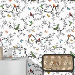 Carta da Parati Whimsical Birds and Butterflies Bianca