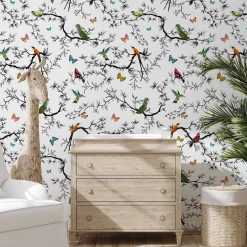 Carta da Parati Whimsical Birds and Butterflies Bianca