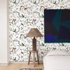 Carta da Parati Whimsical Birds and Butterflies Bianca