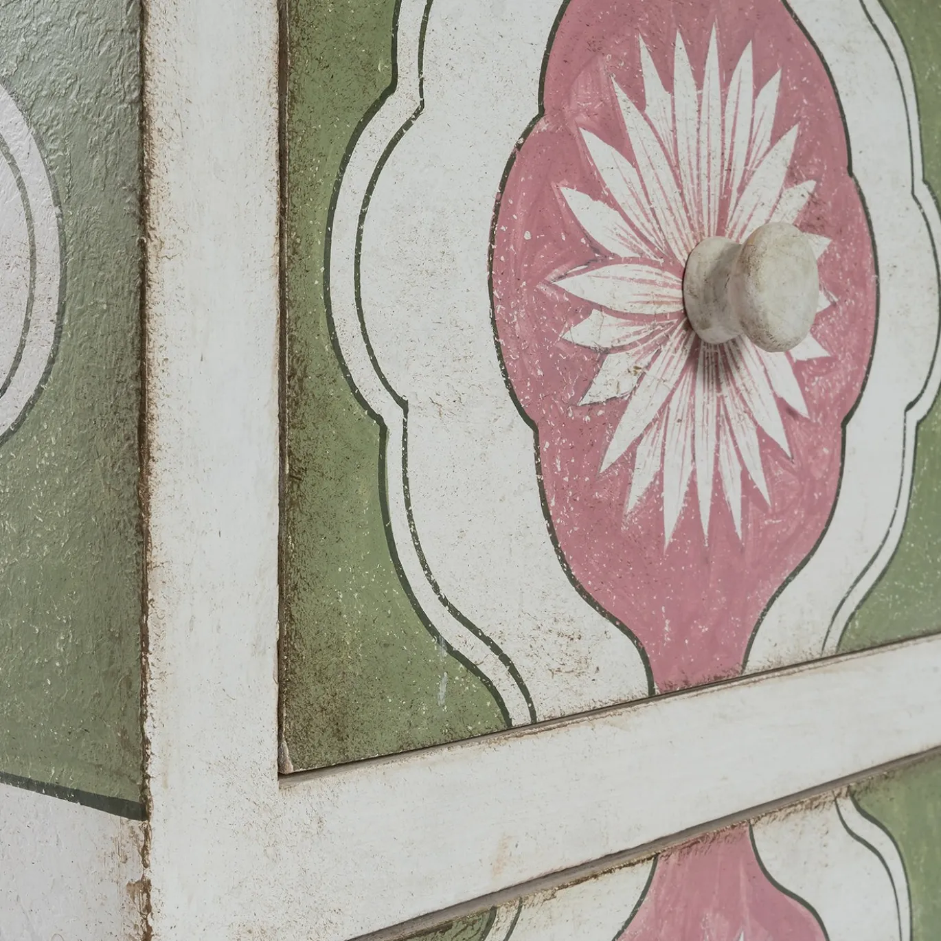 Cassettiera Barberini Bianca e Verde con Motivi di Girasole Rosa