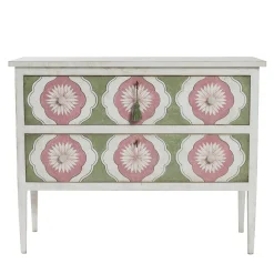 Cassettiera Barberini Bianca e Verde con Motivi di Girasole Rosa