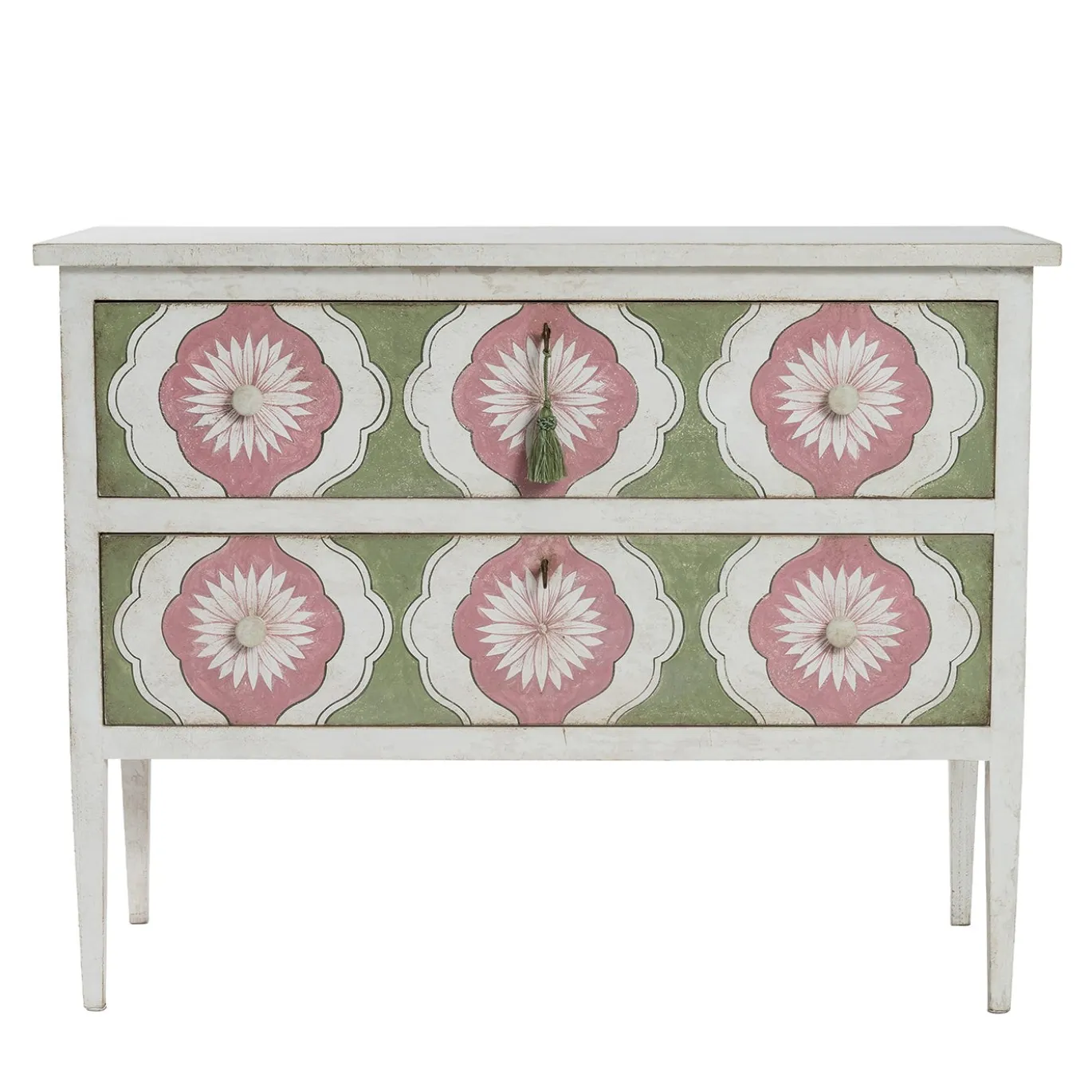 Cassettiera Barberini Bianca e Verde con Motivi di Girasole Rosa