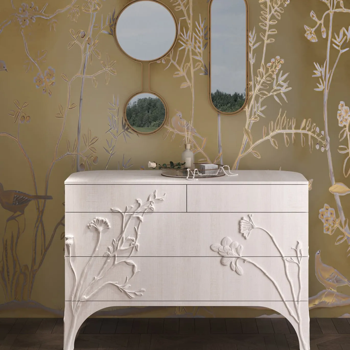 Cassettiera Linpha in Legno di Acero Bianco con 4 Cassetti