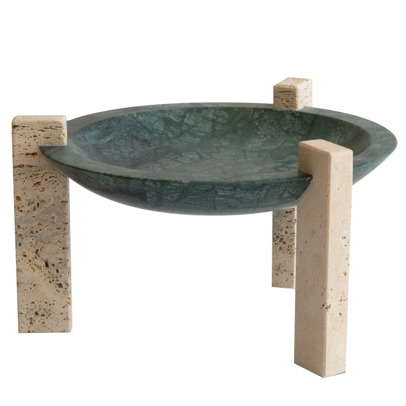 Centrotavola Block Stand alto in marmo Verde guatemala e Travertino