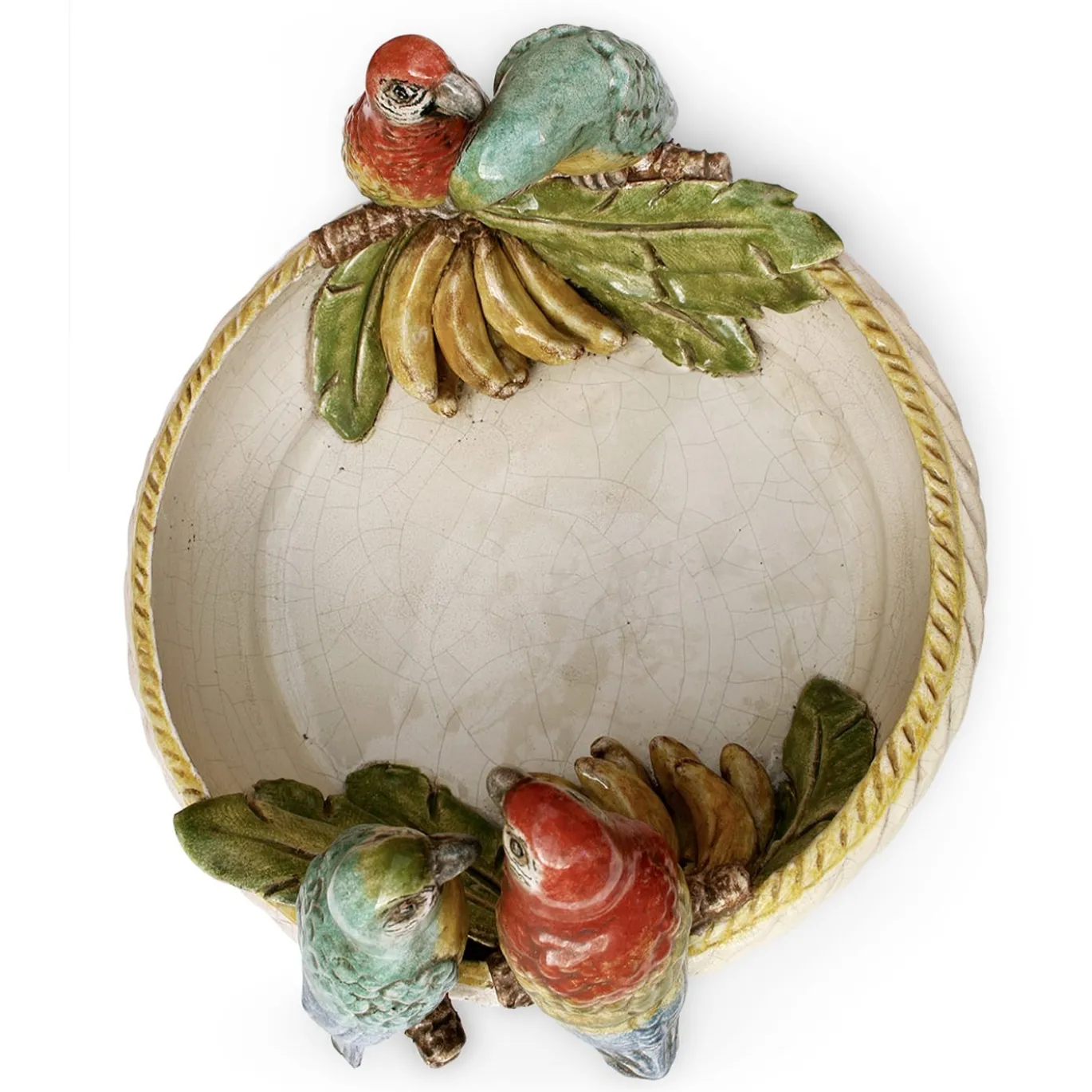 Centrotavola con pappagalli e frutta