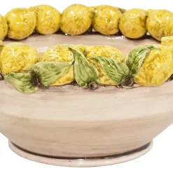 Centrotavola grande con limoni gialli e foglie in maiolica siciliana