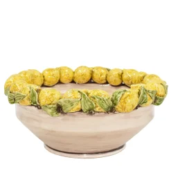 Centrotavola grande con limoni gialli e foglie in maiolica siciliana