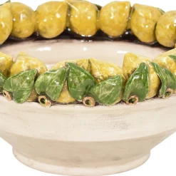 Centrotavola piccolo con limoni gialli e foglie in maiolica siciliana