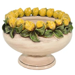 Centrotavola rialzato piccolo con limoni gialli e foglie in maiolica siciliana