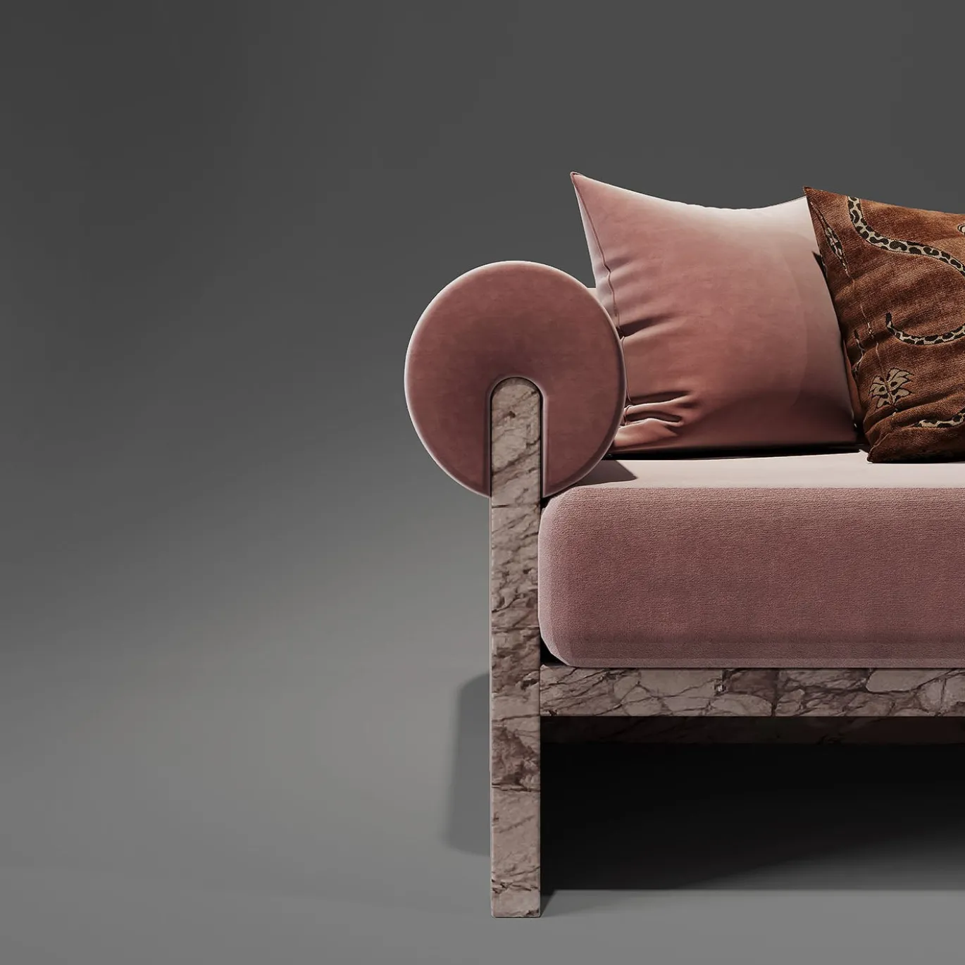 Chaise Longue Luna in marmo Siena rosa e seta mohair di Sheree Stuart Design