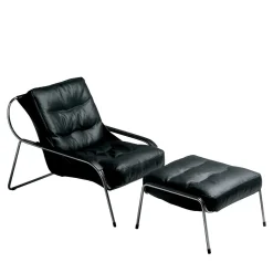 Chaise Longue Maggiolina in pelle nera e acciaio inossidabile con pouf di Marco Zanuso #1