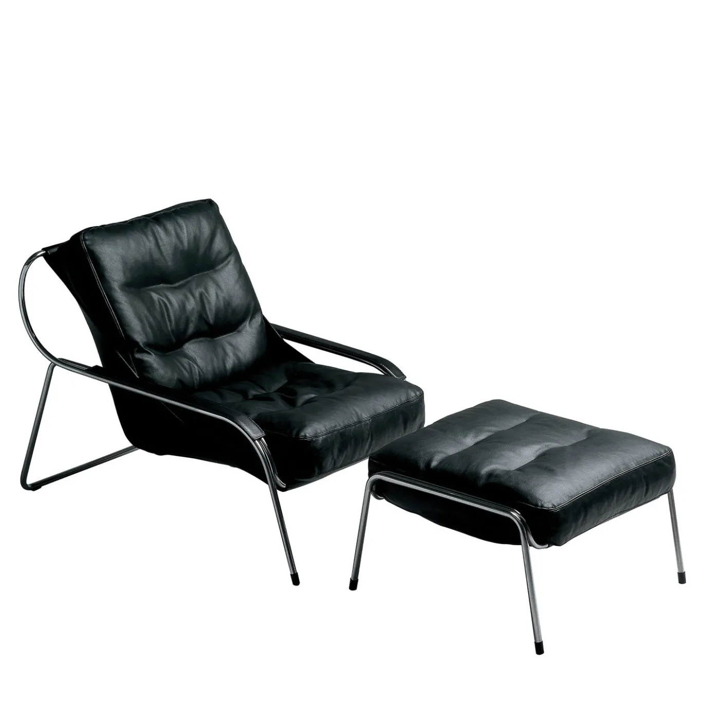 Chaise Longue Maggiolina in pelle nera e acciaio inossidabile con pouf di Marco Zanuso #1