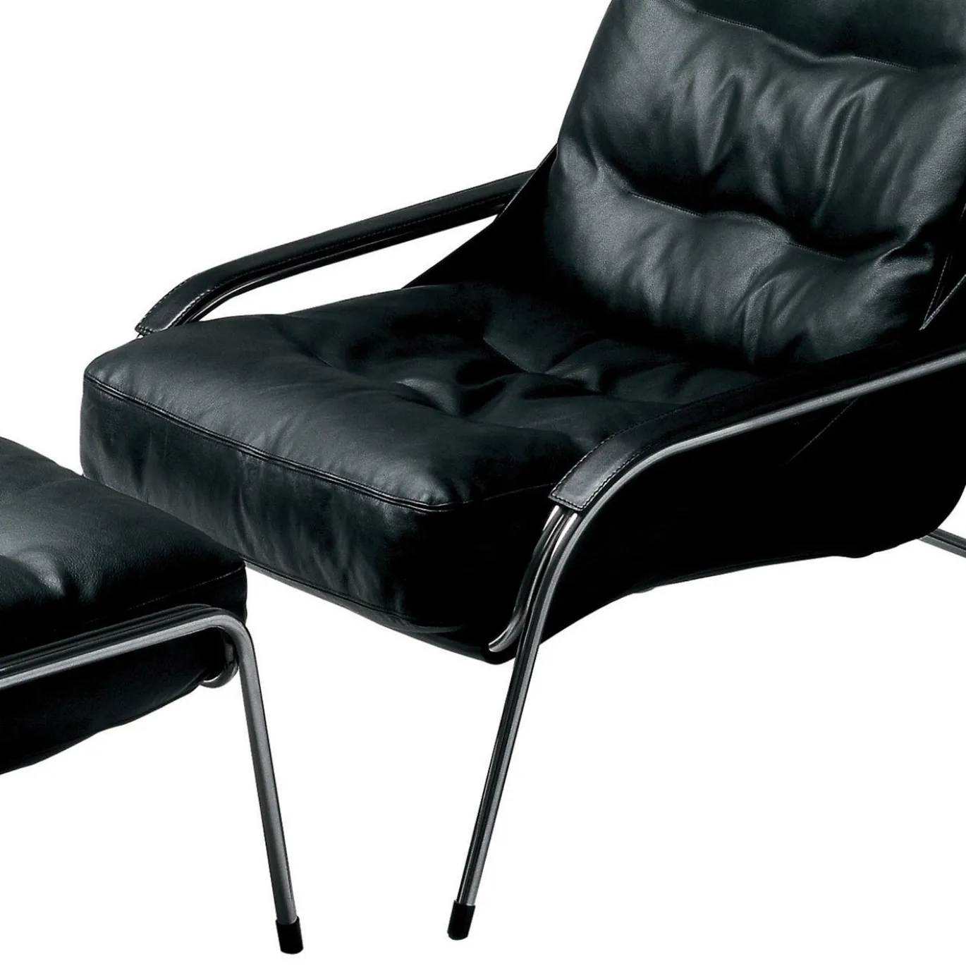 Chaise Longue Maggiolina in pelle nera e acciaio inossidabile con pouf di Marco Zanuso #1