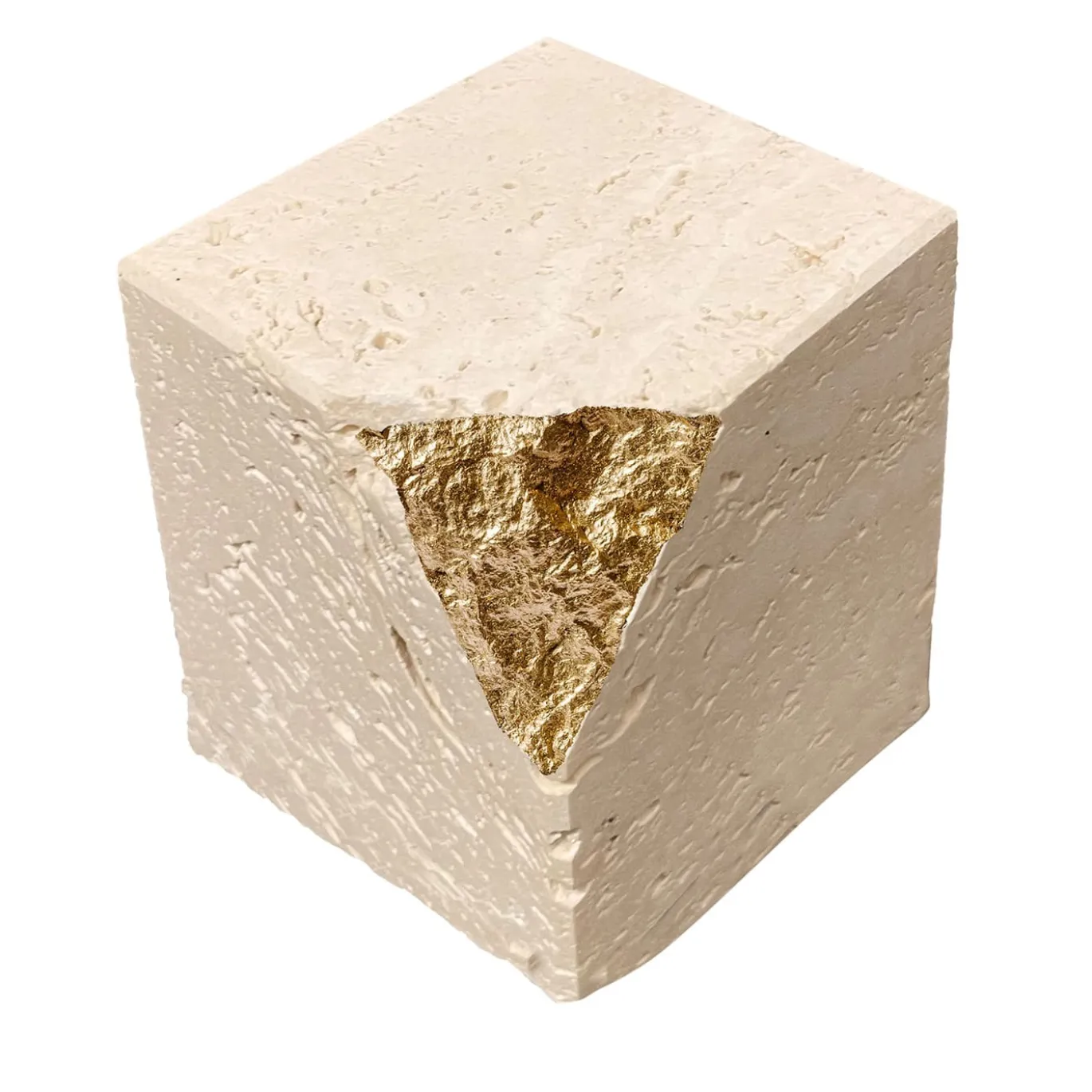 Colpo Da Maestro Piccola scultura cubica in foglia d'oro e travertino