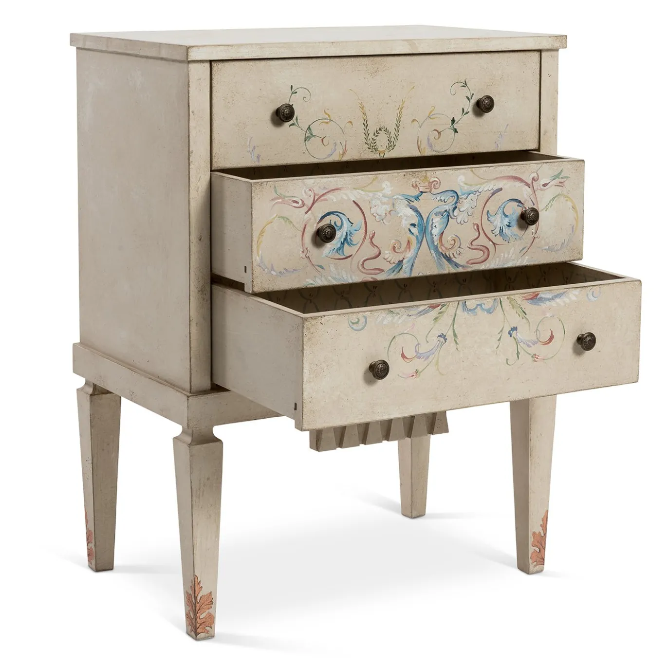 Comodino Fenice Taupe Chiaro con Top Marmorizzato e Motivo Grottesche