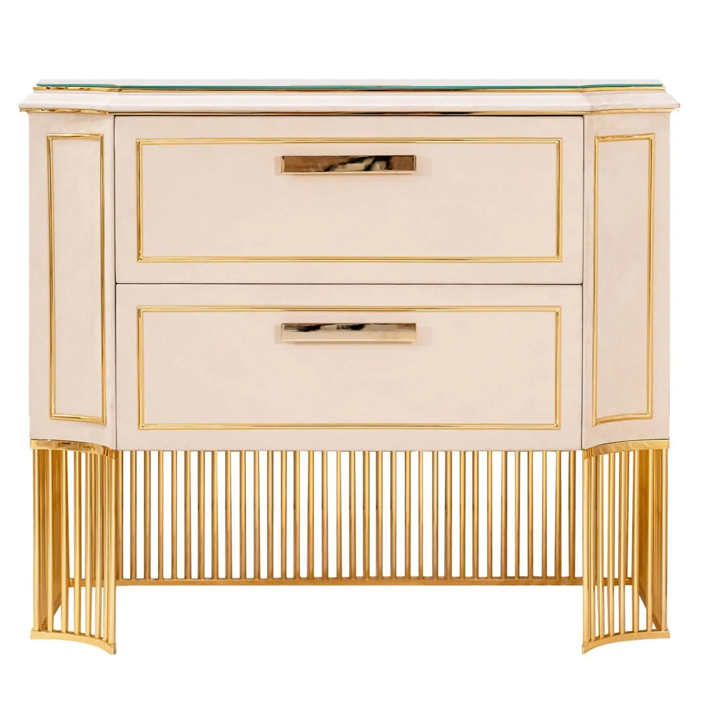 Comodino in pelle bianca e ottone placcato oro