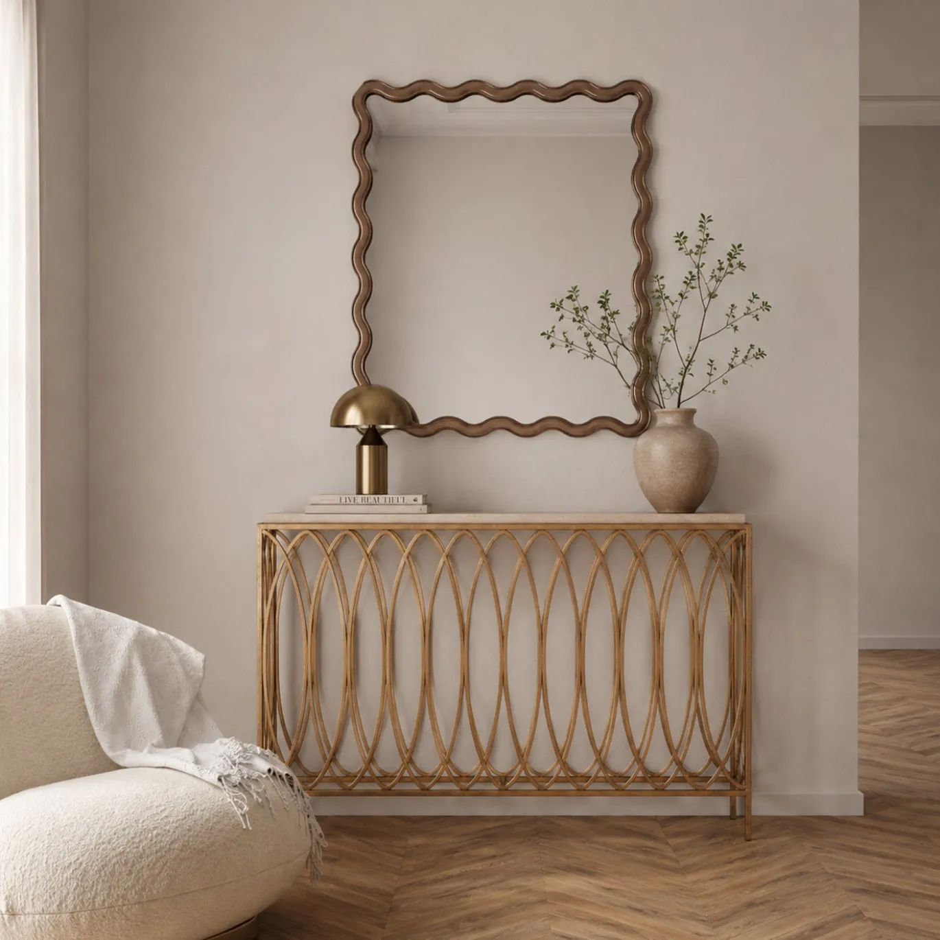 Console in ferro con foglia oro e piano in marmo Novecento