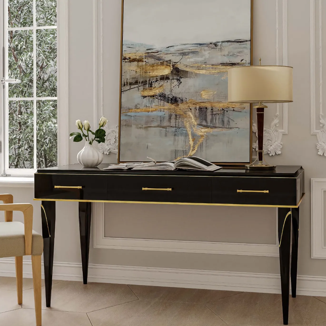 Console in legno laccato nero con cassetti della collezione Studio Privè